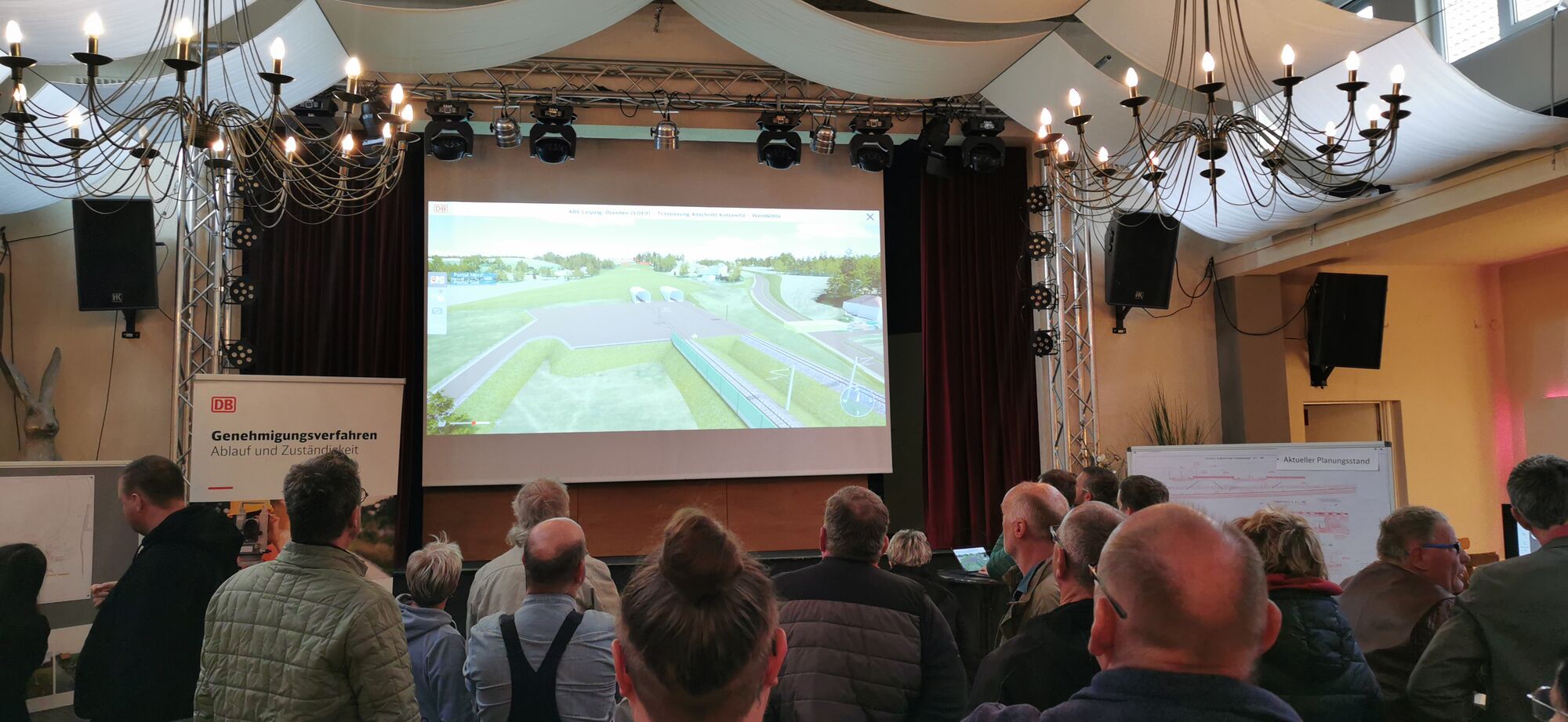 Menschen betrachten 3D-Visualisierungen der Neubaustrecke auf einer Leinwand.
