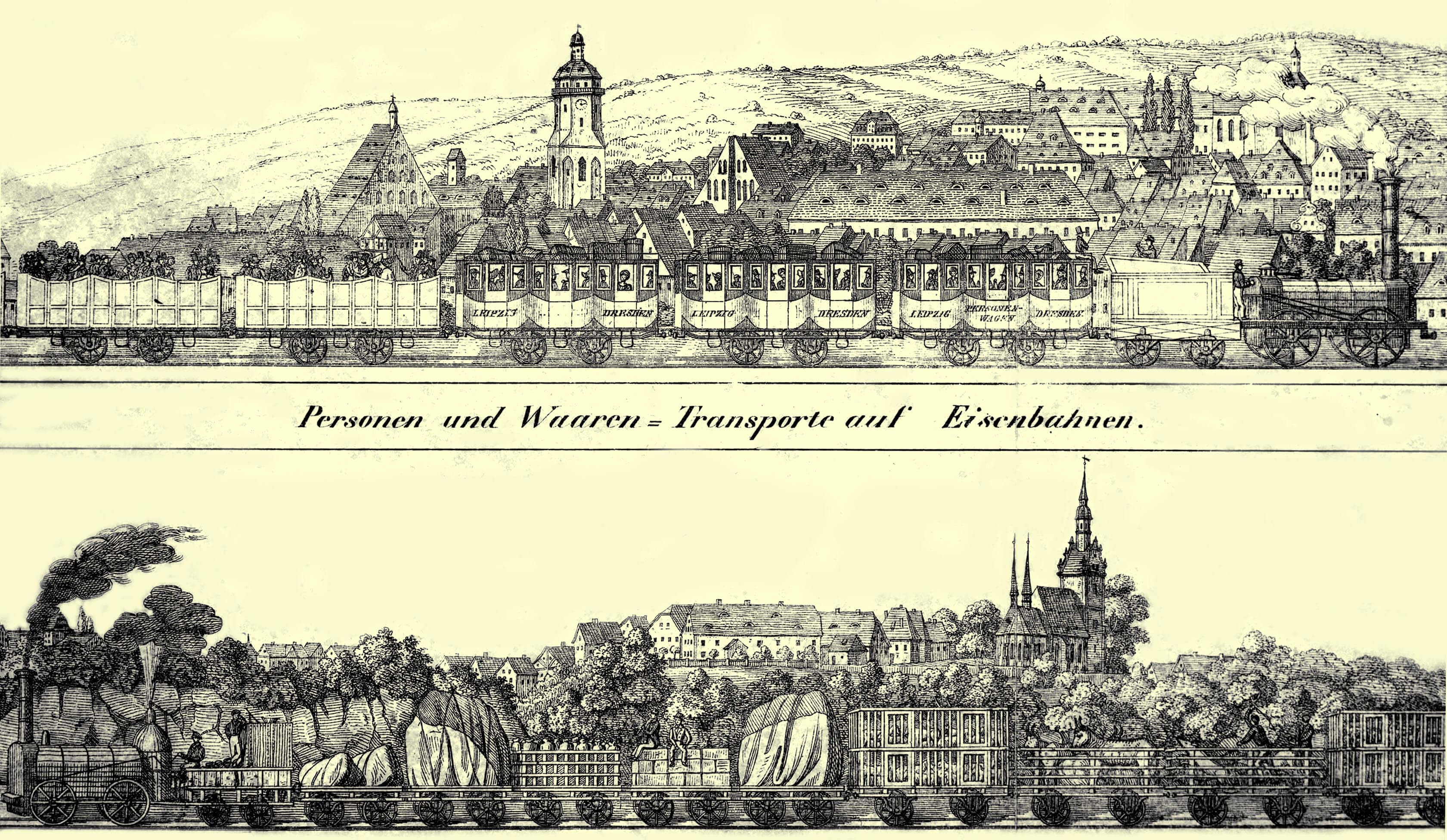 Historisches Bild der Eisenbahntransporte zwischen Dresden und Leipzig.