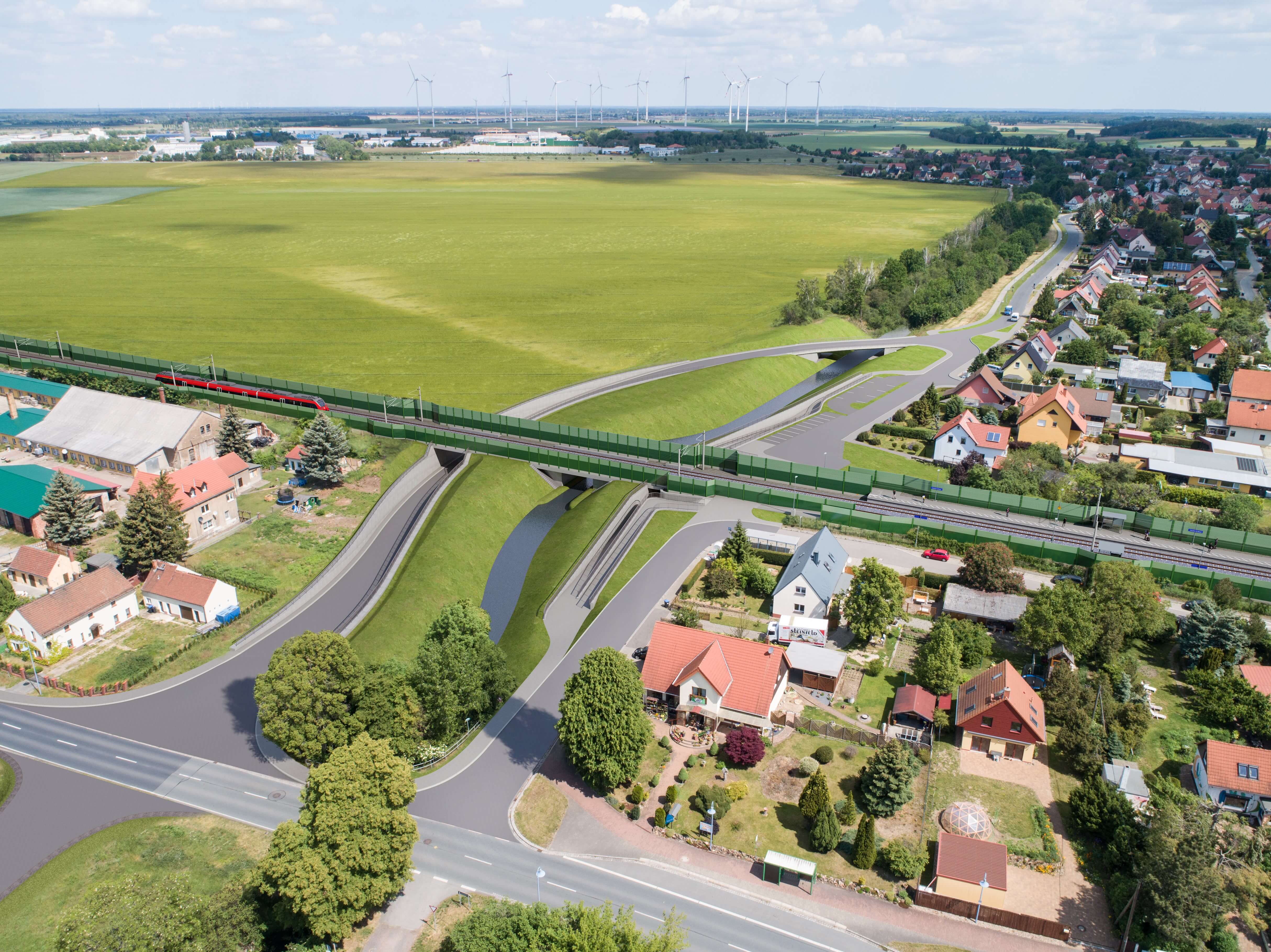 Visualisierung der Bahnhofstraße in Glaubitz mit modernisiertem Straßenraum und Bahninfrastruktur.